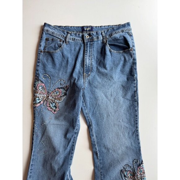 Vintage 00's ANGELS Y2K Butterfly Rhinestone Low Rise Flare Jeans, Size 18 - Picture 2 of 13